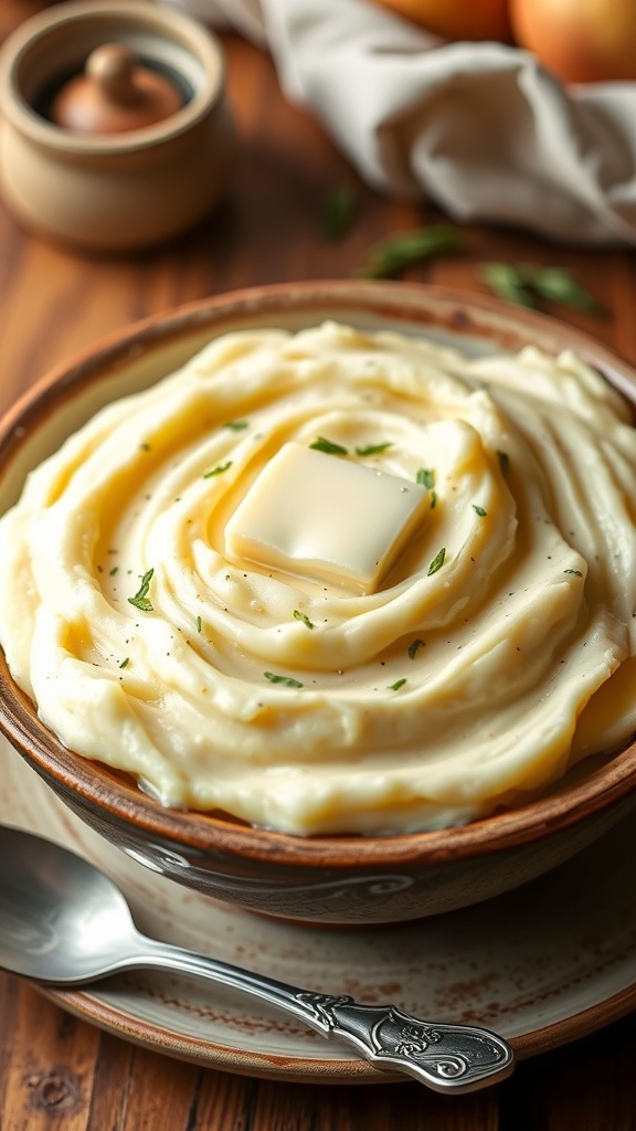 A bowl of creamy mashed potatoes topped with butter and herbs on a wooden table.